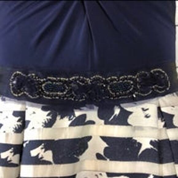 Teri Jon Knot front V-Neck Printed Navy & White Ball evening Gown dress size 2 - Picture 11 of 13